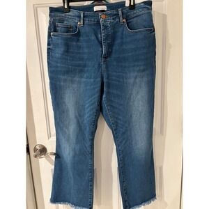 LOFT Curvy High Waist Slim Flare Crop Jeans Size 32 14 Blue Frayed Hem